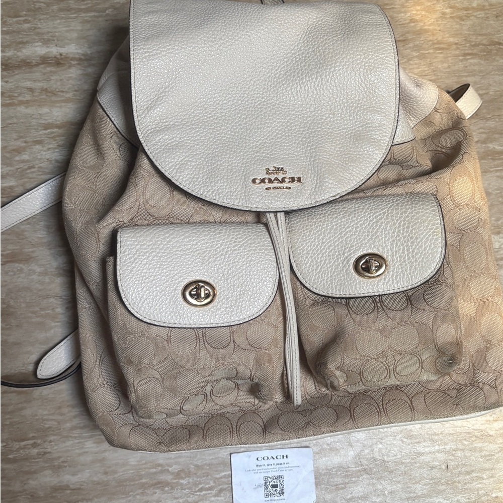 Coach Signature Canvas Backpack Leather Trim Turnlock Pocket